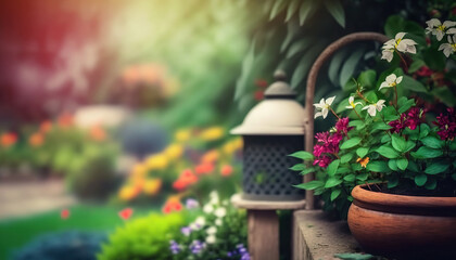 Fototapeta na wymiar Illustration of cozy decorative garden with flowers and green vegetation outdoor background banner with copy space. AI generative image.