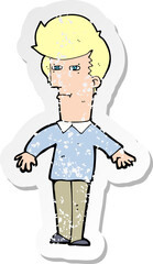 retro distressed sticker of a cartoon suspicious man