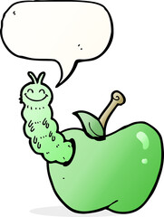 cartoon bug eating apple with speech bubble