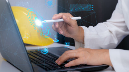 Businesswoman using laptop with global internet connection application technology for business and digital marketing, finance and banking, event planning, digital link technology, big data.