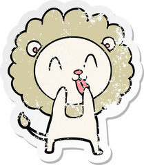 distressed sticker of a happy cartoon lion