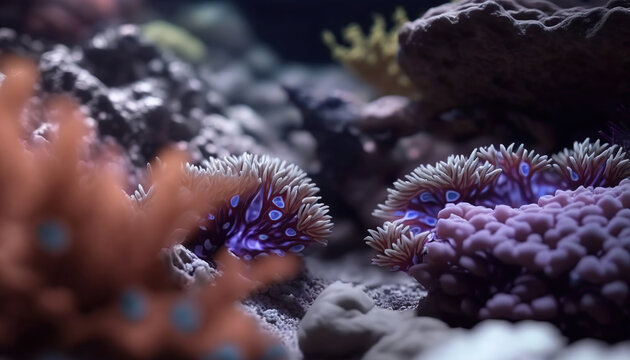 Beautiful underwater scene with coral reef ocean bottom background. Tropical marine nature backdrop. AI generative image.