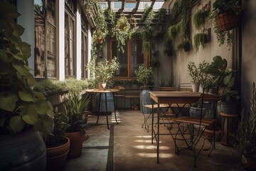 Fototapeta na wymiar a patio with a table and chairs and a potted plant on the side of the building with potted plants on the side of the building. generative ai