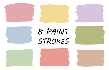 Set of different paint, brush strokes in pastel colors. Artistic design elements isolated on white background. vector illustration