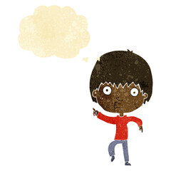 cartoon impressed boy pointing with thought bubble