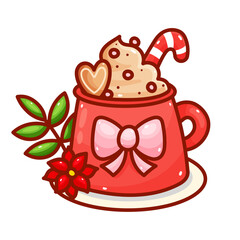 Hot chocolate mug, decorated with Christmas decorations, great for decor, mug with candy on a white background