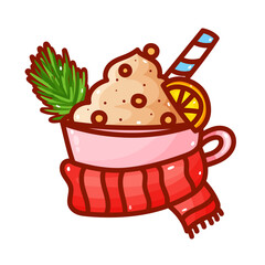 Hot chocolate mug, decorated with Christmas decorations, great for decor, mug with candy on a white background