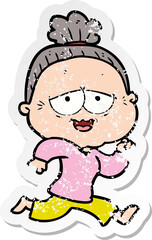 distressed sticker of a cartoon happy old lady