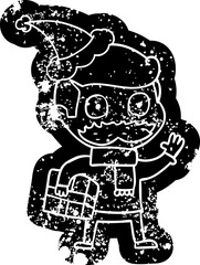 cartoon distressed icon of a man with mustache and christmas present wearing santa hat