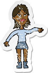 Obraz premium retro distressed sticker of a cartoon woman making hand gesture