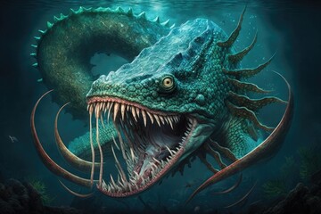 A large, aquatic creature with multiple sharp teeth Generative AI