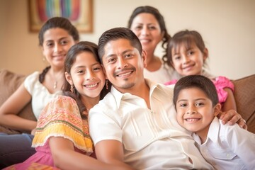 Obraz premium Happy big family portrait. Mom dad daughters and sons smiling, close up. Generative AI