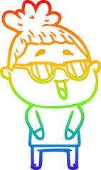 rainbow gradient line drawing cartoon happy woman wearing spectacles