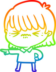 rainbow gradient line drawing annoyed cartoon girl making accusation