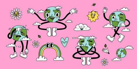 Groovy Earth Day characters mascot set. Our Planet Earth illustration in retro cartoon style. Cute Earth globe, different emotions. Happy Earth day card. Hand drawn isolated vector stickers collection