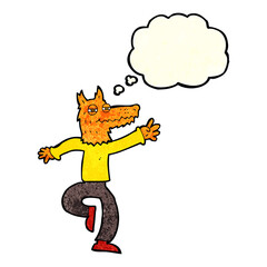 cartoon happy fox man with thought bubble