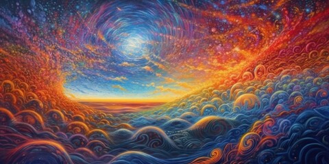Psychedelic universe awakening, cosmic space and meditative sunrise of calming ocean waves colliding, trippy bright vivid surreal colors, otherworldly milky way nirvana at twilight - generative AI