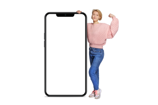 Full body side view young woman wear pink casual sweater huge big  blank isolated screen mobile cell phone with area use smartphone isolated free PNG background.