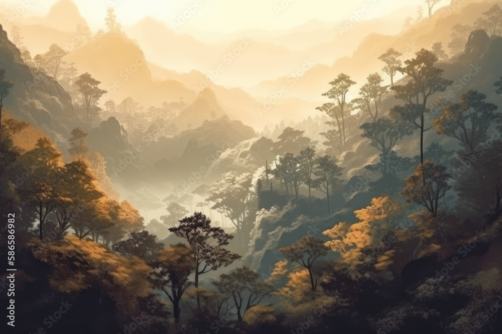 Canvas Prints serene mountain landscape with lush trees. Generative AI