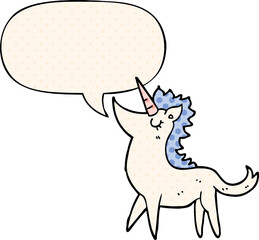 cartoon unicorn and speech bubble in comic book style