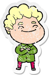 distressed sticker of a cartoon friendly man
