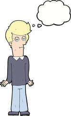 cartoon bored man shrugging shoulders with thought bubble