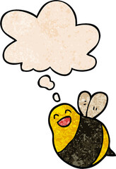 cartoon bee and thought bubble in grunge texture pattern style