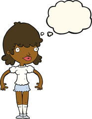 cartoon happy woman with thought bubble