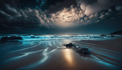 Fototapeta premium Beautiful night seascape with starry sky, ocean sandy coast and rocks. Exotic landscape. Horizontal outdoor wild nature background. AI generative image.