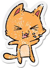 distressed sticker of a cartoon cat hissing