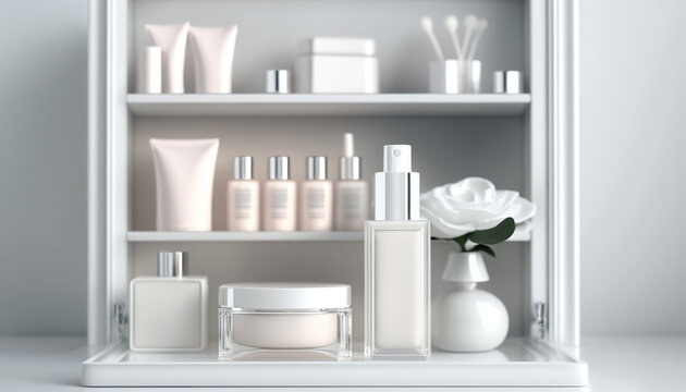 Bathroom shelf with different beauty cosmetic body care products, pastel colors package mockup. Indoor background. AI generative image.