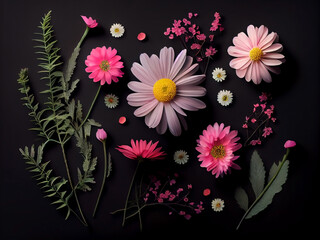 Obraz premium Beautiful delicate flowers in pastel colors on a black background. Generative AI