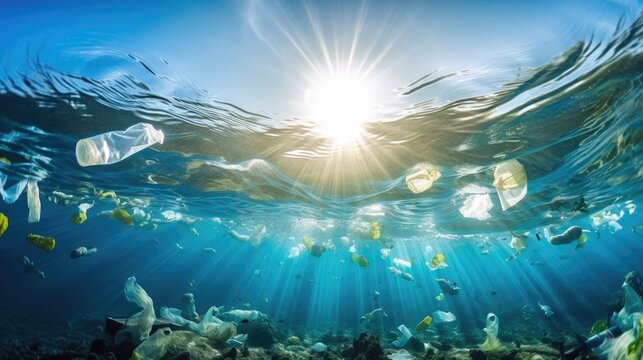 Plastic bottle floating in ocean with aquatic animal, fish. Ocean pollution, environmental conservation and ecology concept. Generative AI