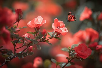 Obraz premium delicate beauty of the Japanese Quince flowers and the majestic Monarch butterflies, AI Generated