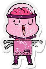 distressed sticker of a happy cartoon robot