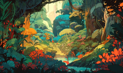 a painting of a forest scene with a river running through the center of the forest, and lots of trees and bushes, with bright colors.  generative ai