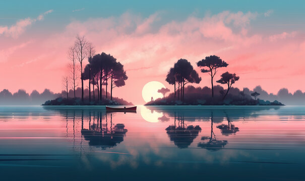 a painting of a sunset with a boat in the water and trees in the background and a pink sky with a sun setting over the water.  generative ai