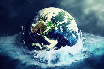 Earth flooded during a sea storm, watercolor oil painting effect. Generative Ai
