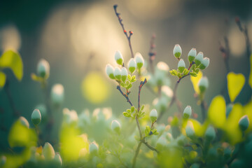 Close up spring blossom branches with beautiful small white buds. Floral outdoor nature background with selective focus and bokeh effect. AI generative image.