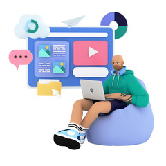 Handsome beard man is annoucing and speaking on social media. Brand management, online promotion concept image. Male character working remote. 3d render illustration.