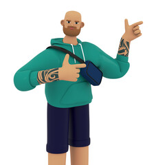 Handsome beard man pointing fingers. 3d render isolated on white background.  Announcement or advertising concept for web, application or presentation design.