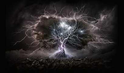  a tree with a lot of lightning in the sky above it and a person standing under it in the middle of the picture, with a dark background of clouds and lightning.  generative ai