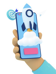 3d cartoon hand holding phone and rocket. Startup, achievement goals, business management application concept. Target and paper plane icon. 3d rendering illustration..
