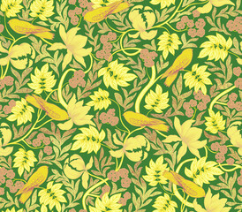 Floral ornament with birds on the branches. Seamless pattern with birds and flowers.