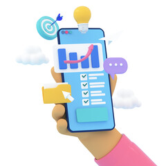 3d hand holding smartphone, bars, check boxes, target, lamp, comment, paper plane icons. Achievement goals, business management application concept. 3d rendering illustration.