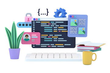 3d programming desktop computer screen. Development project, software engineering, IT technologies, working on website or application, ui ux design concept. 3d rendering illustration.