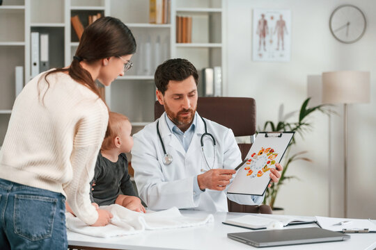 Holding paper with picture of food and vitamins. With baby and mother. Doctor in formal clothes