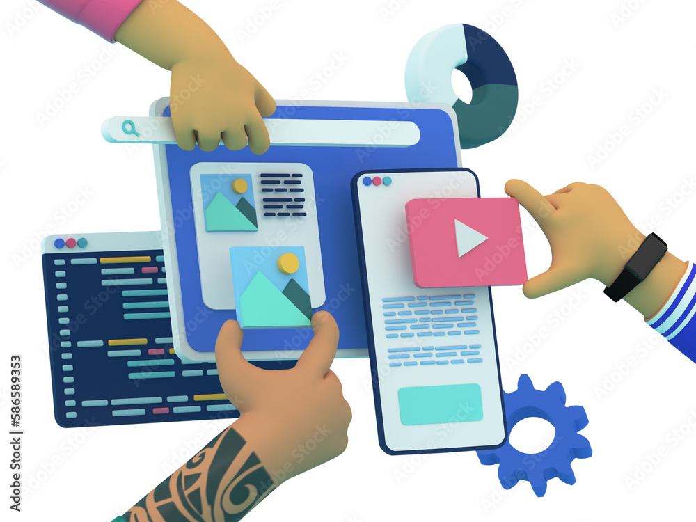 Poster Teamwork on product. Design, programming, communication, cms development concept. Web development and coding. 3d render illustration.