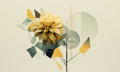  a yellow flower with geometric shapes on a white background with a white wall in the background and a white wall in the foreground with a circular object in the middle.  generative ai