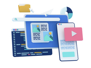3d Project management concept. Design and programming on product, communication team, CMS development. Web development and coding. 3d render illustration.